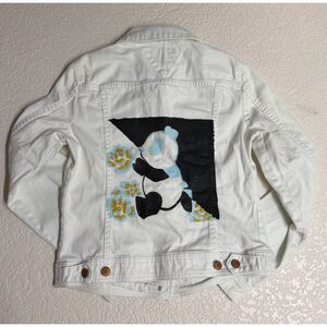 Tommy Hilfiger 2008 Y2K White Denim Jacket Small Hand Painted Panda Art